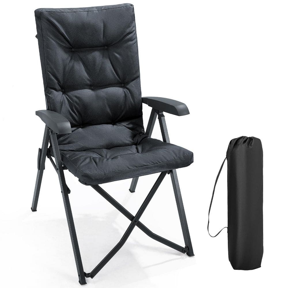 Black Folding Camping Recliner Chair Fully Padded Alloy Steel Frame