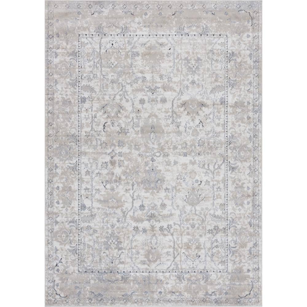 Ivory and Gray Geometric Low-Pile Indoor Area Rug