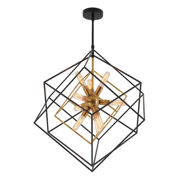 Artika Imperium 9-Light Black and Gold Modern Sputnik Geometric Cage Chandelier Light Fixture for Dining Room or Kitchen