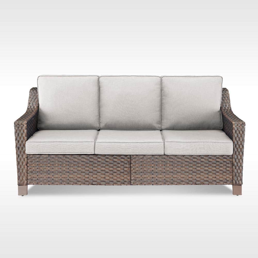 SlideArm Metal and Brown Wicker Outdoor 3-Seat Sectional Couch Sofa with Olefin Beige Cushions price history on PriceWatchPro