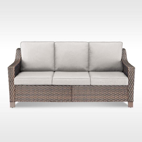 Opohoro SlideArm Metal and Brown Wicker Outdoor 3-Seat Sectional Couch Sofa with Olefin Beige Cushions