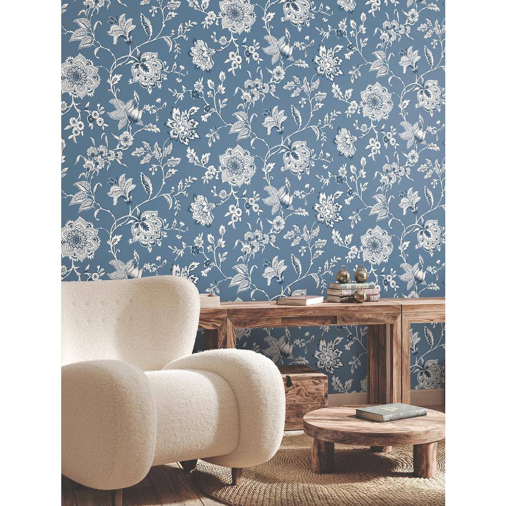 Sutton Blue and White Floral Non-Pasted Wallpaper Roll