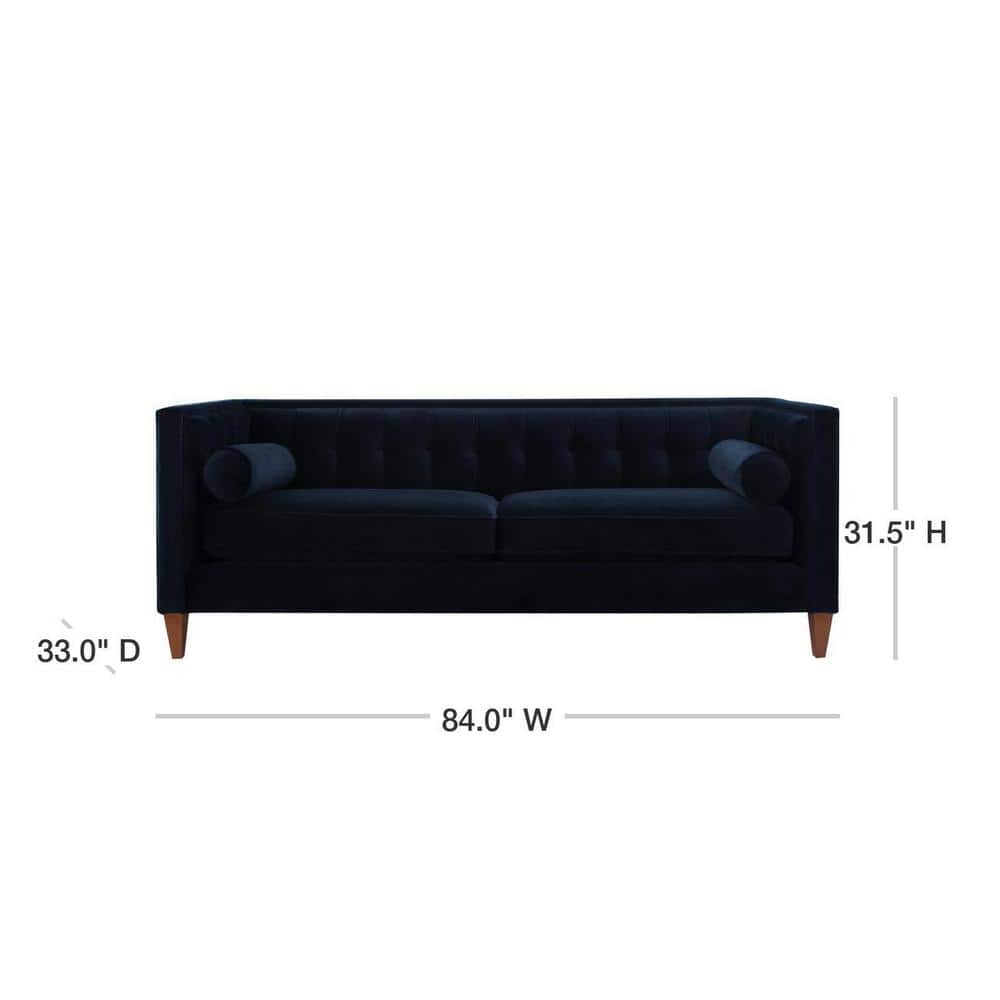Dark Navy Blue Velvet Tufted Tuxedo Settee with Wood Legs