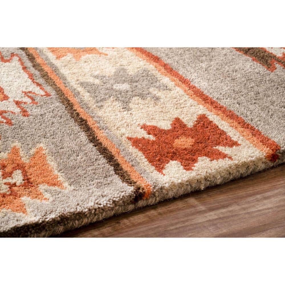 Handmade Tufted Wool Sage and Orange Aztec Rug