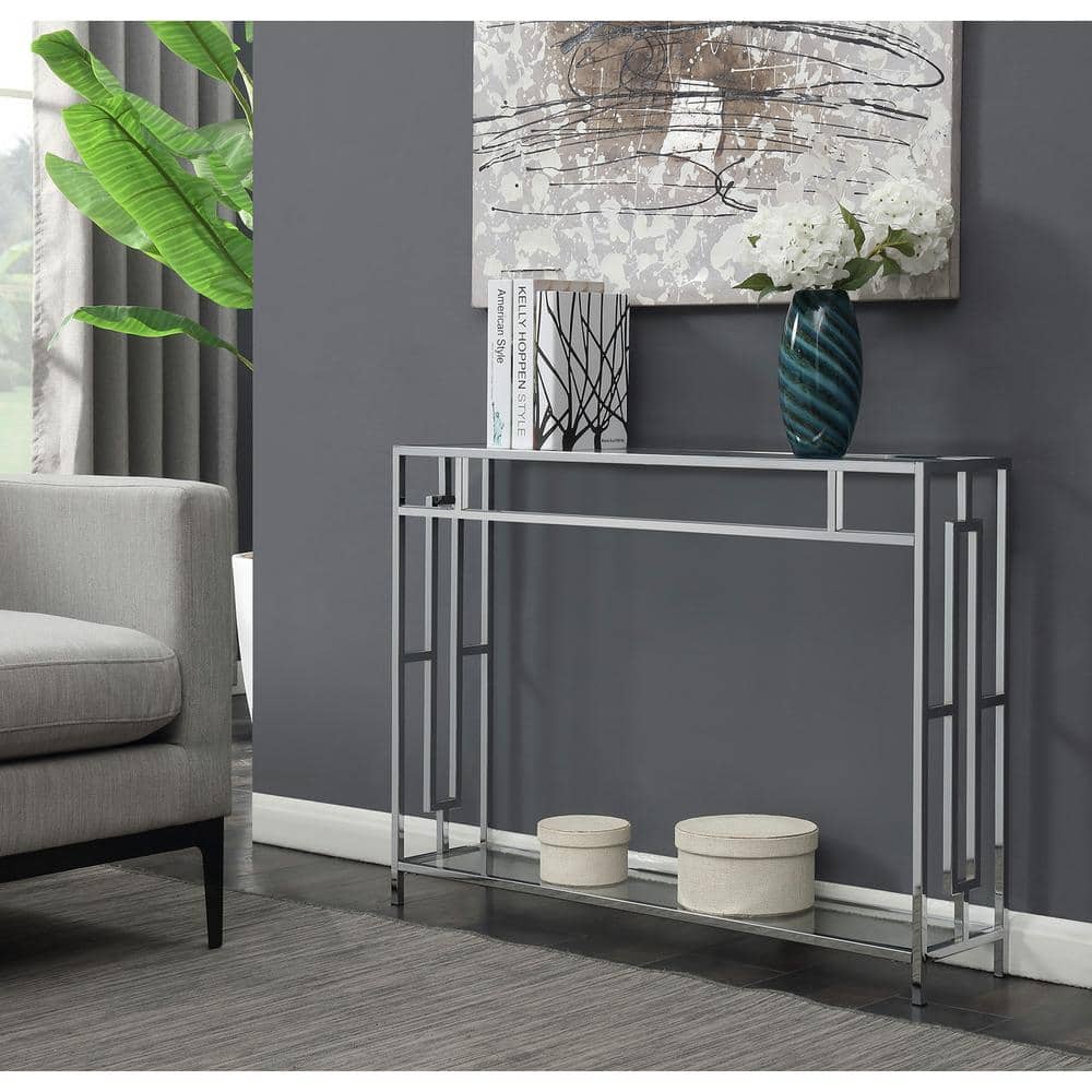Town Square Chrome and Glass Console Table with Dual Open Shelving