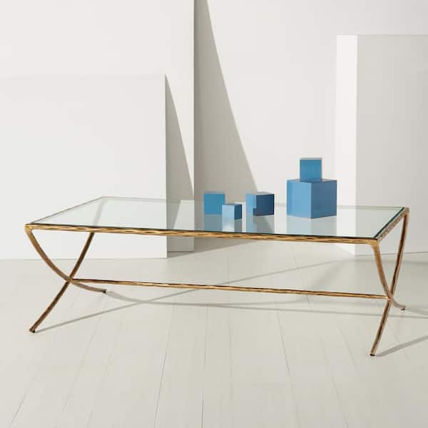 Debbie 28 in. Brass Rectangle Glass Coffee Table