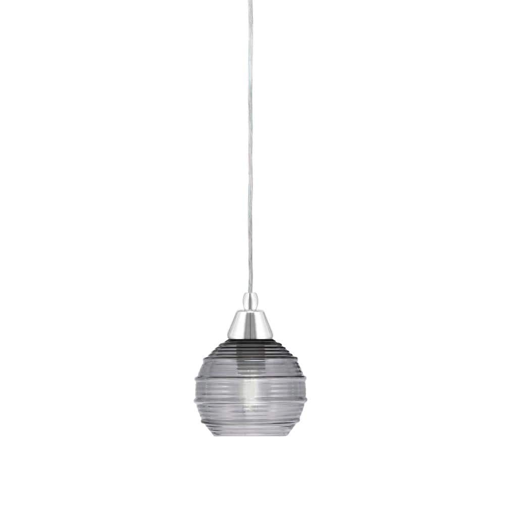 Bryson in. 1-Light Chrome Cord Pendant Light with 6 in. Smoke Ribbed Glass 