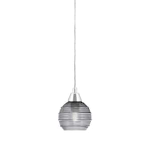 Bryson in. 1-Light Chrome Cord Pendant Light with 6 in. Smoke Ribbed Glass Shade, no bulb included