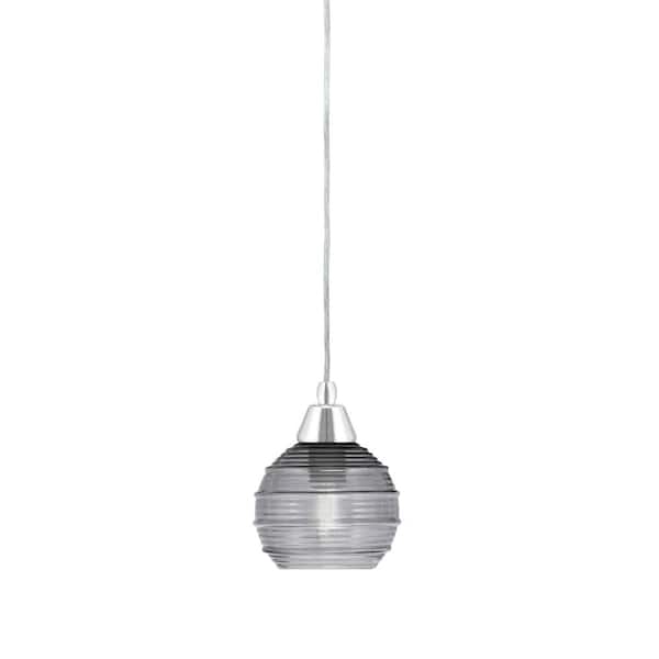 Unbranded Bryson in. 1-Light Chrome Cord Pendant Light with 6 in. Smoke Ribbed Glass Shade, no bulb included