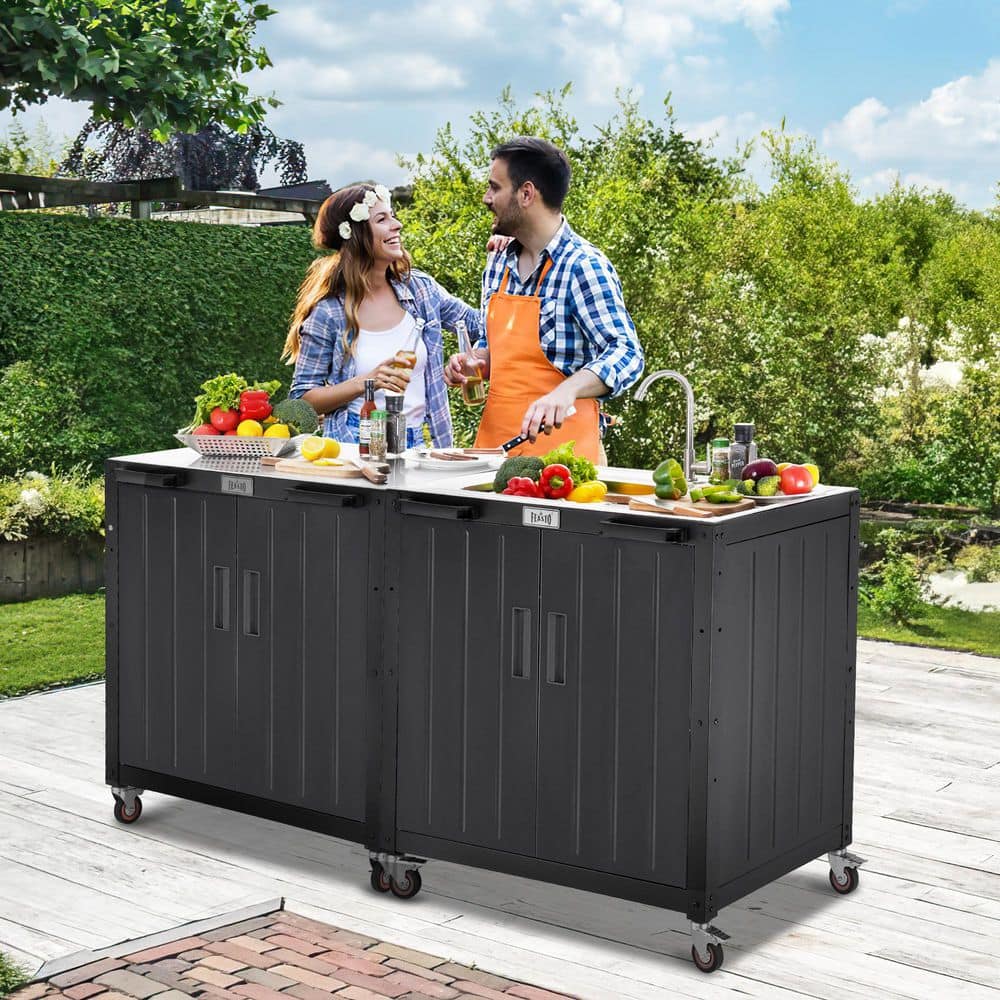 Freestanding Black and Stainless Steel Outdoor Sink Station with Cabinet