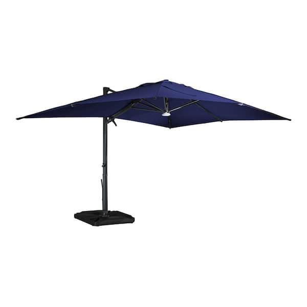 Mondawe 10 ft. x 13ft. Aluminum Cantilever Outdoor Patio Umbrella Bluetooth Atmosphere Light 360-Degree Rotation in Blue w/Base