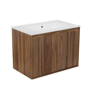 30 in. W x 18.3 in. D x 21.3 in. H Wall Mounted Floating Single Sink Bathroom Vanity  in Brown with White Resin Top