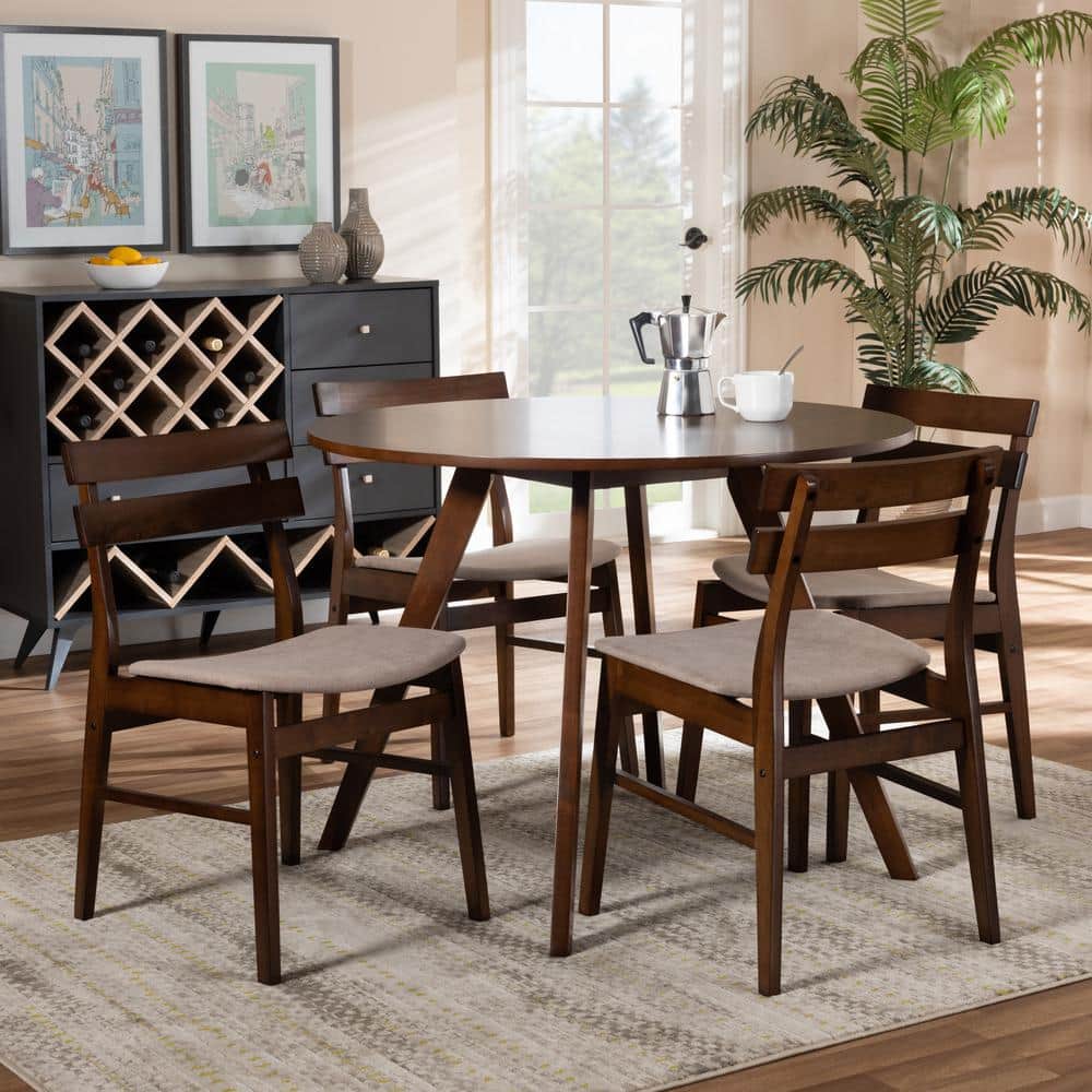 Eiko 5-Piece Round Walnut Dining Set with Light Beige Fabric Chairs