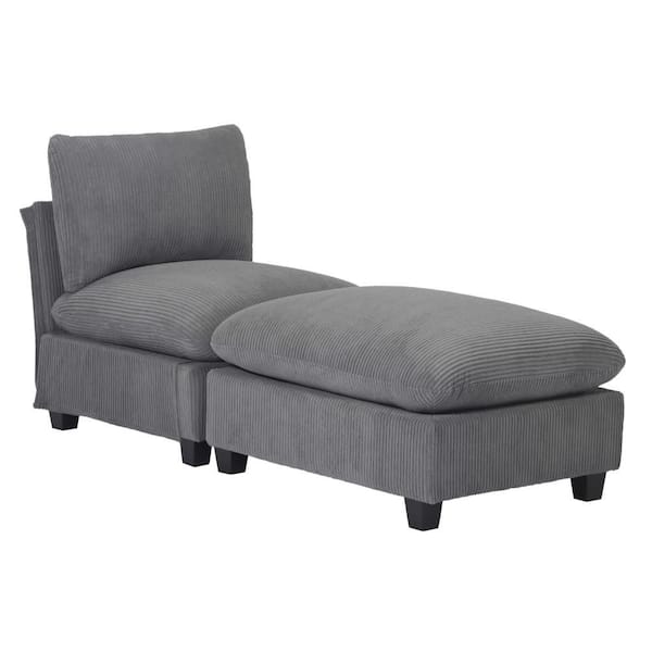 Hamilton Corduroy Upholstered Armless Single Modular Sofa Accent Chair with Footstool Ottoman Set, Gray