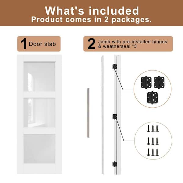 36 in. x 80 in. 3-Lite Frosted Glass Right Hand White Solid Core Glass Single Prehung Interior Door+ Quick Assemble Jamb