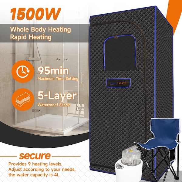 1-Person Indoor Black Portable Sauna for Home with Sauna Heater, Tent, Chair, Remote