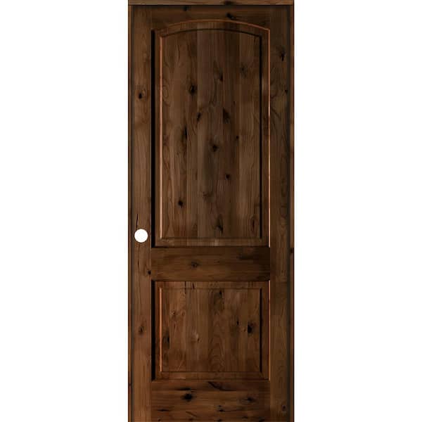 36 in. x 96 in. Knotty Alder 2-Panel Right-Handed Provincial Stain Wood Single Prehung Interior Door with Arch Top