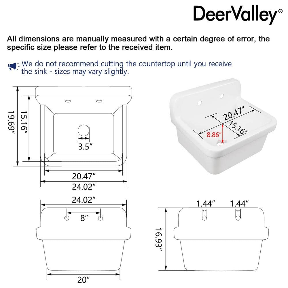 24" White Fireclay Farmhouse Wall Mount Utility Sink