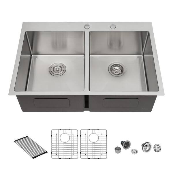 Sarlai 16 -Gauge Stainless Steel 33 in. 50/50 Double Bowl R10 Round ...