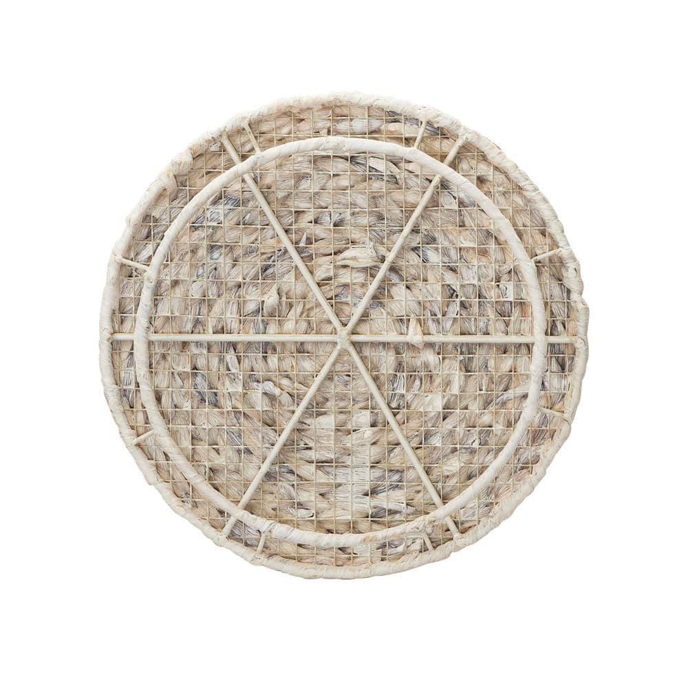 Handwoven White Wicker Round Side Table with Metal Frame