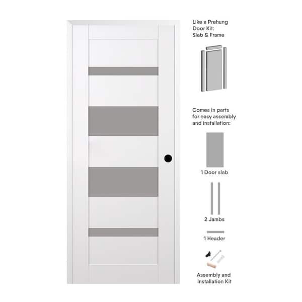 Mirella 28 in. x 80 in. Left Hand 4-Lite Frosted Glass Snow White Composite Wood Single Prehung Door