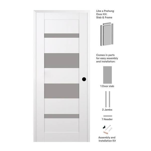 Belldinni Mirella 32 in. x 80 in. Left Hand 4-Lite Frosted Glass Snow White Composite Wood Single Prehung Door