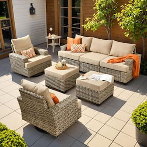 Tiberte Gray 8-Piece Wicker Patio Conversation Seating Set with Beige Cushions and Swivel Chairs