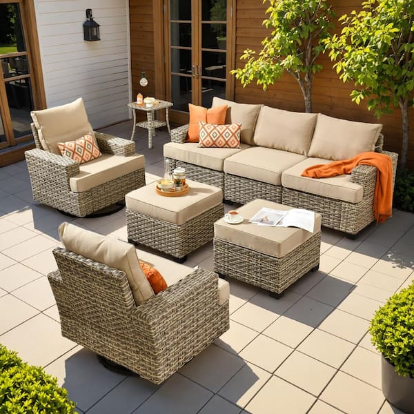 OVIOS Tiberte Gray 8-Piece Wicker Patio Conversation Seating Set with Beige Cushions and Swivel Chairs
