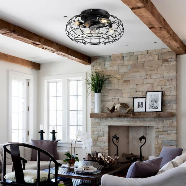 15.7 in. Black Metal Low Profile Bladeless Reversible Flush Mount Ceiling Fan with Light 6-Wind Speeds