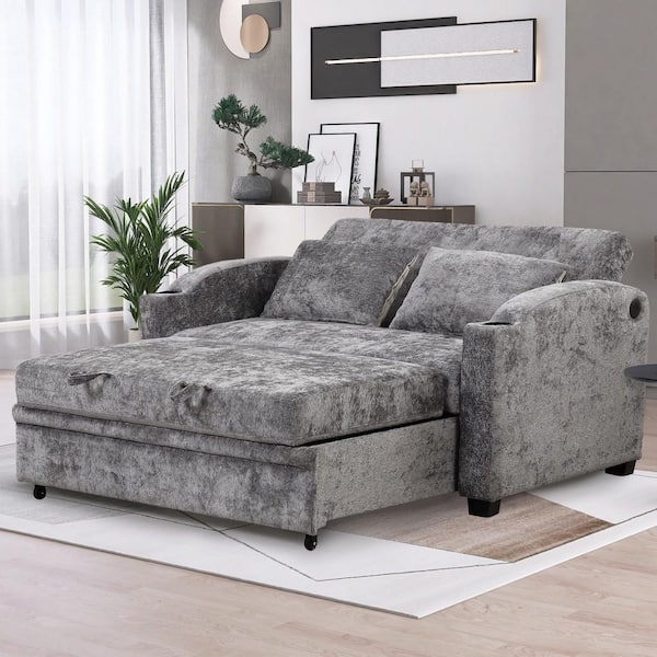 Convertible 61.6 in. Gray Chenille Full Size Sofa Bed with Adjustable Backrest, USB Ports, 2-Pillows, Cup Holders