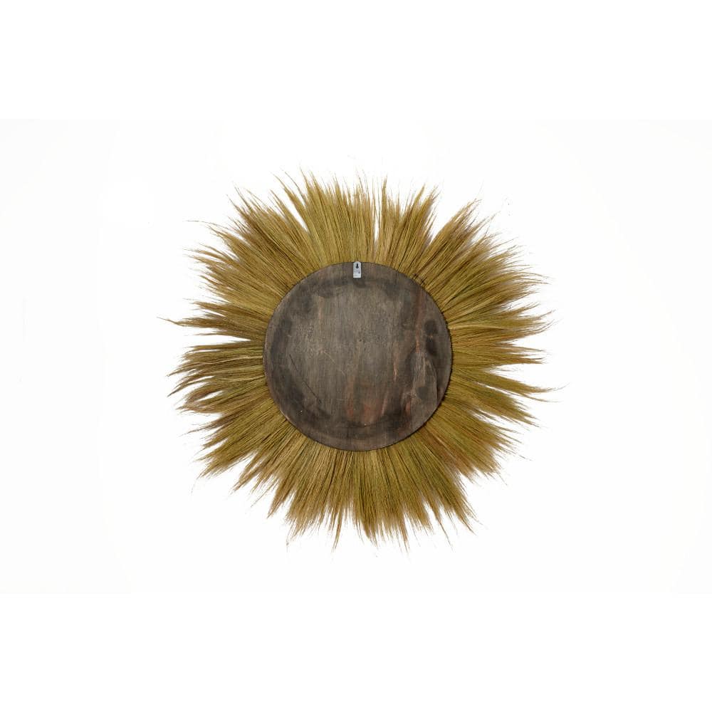 Golden Sunburst Round Decorative Wall Mirror with Grass Trim