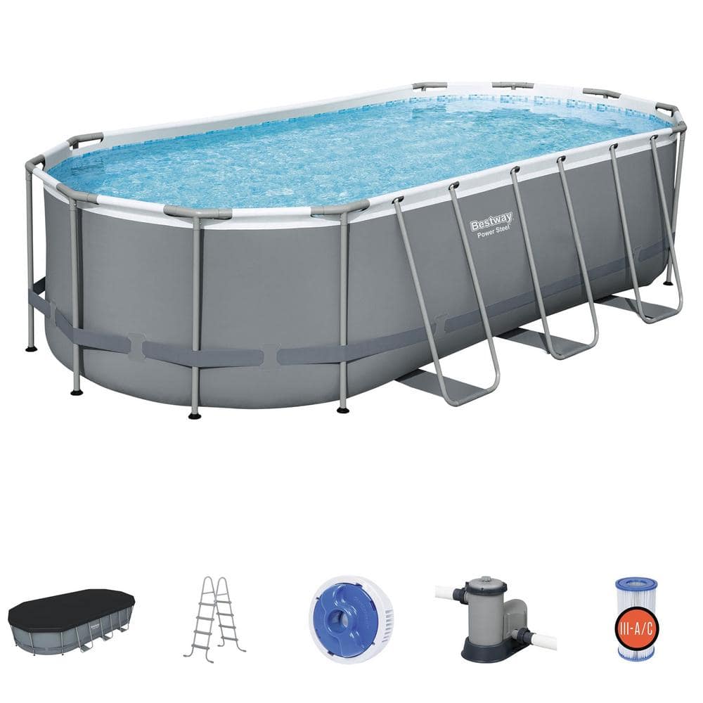 Gray 18' x 9' Oval Steel Frame Above Ground Pool Set
