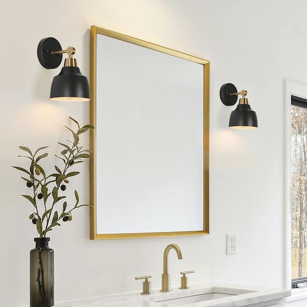 Black Marble and Brass Sink Vanity on Black Wall - Contemporary