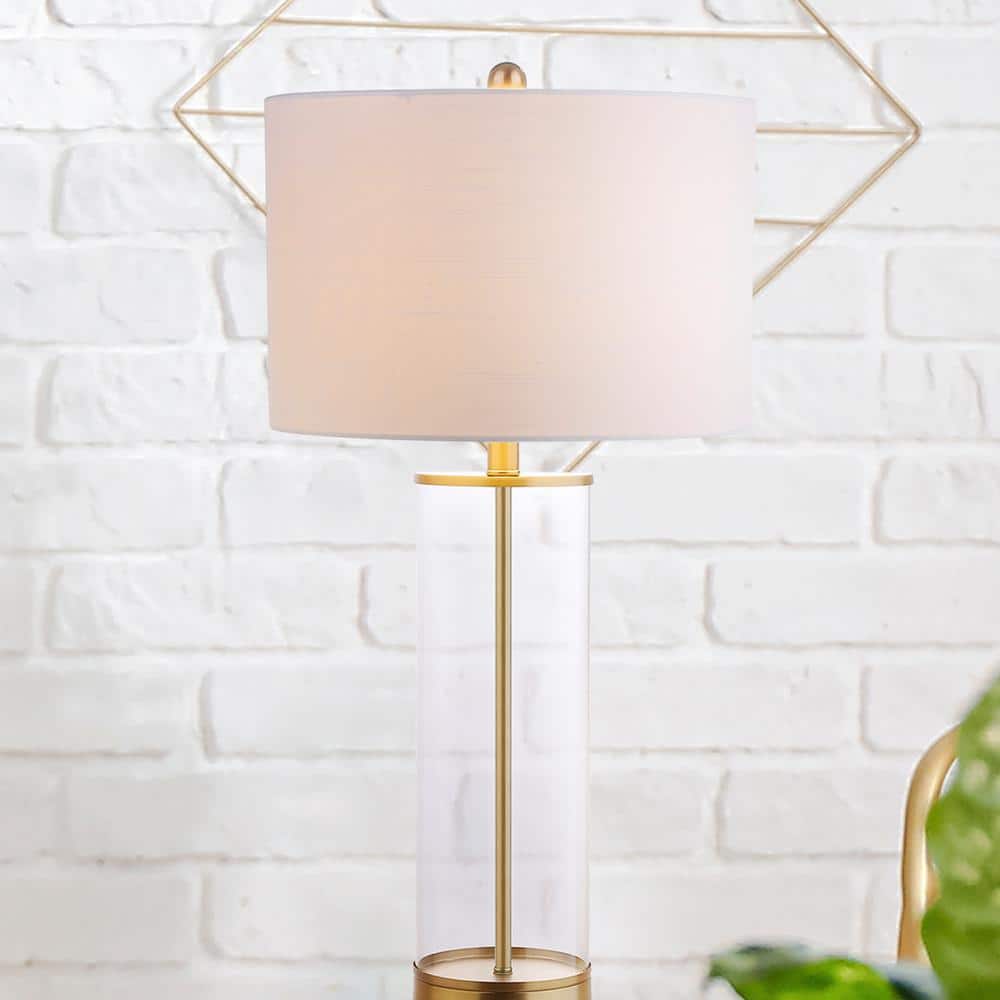 Collins 29" Clear Glass and Brass Table Lamp with White Drum Shade
