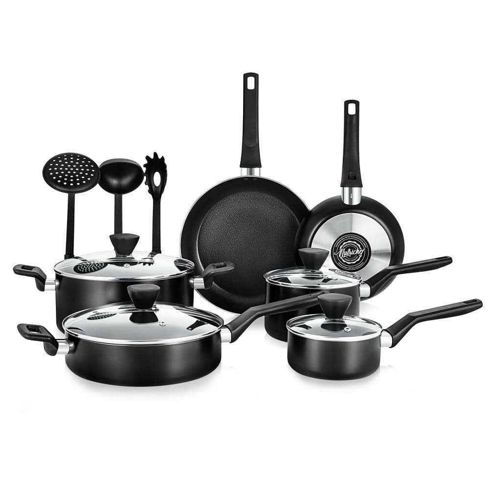 MF Studio 12 Piece Nonstick Cookware Set, Cast Aluminum Pots and Pans Set, Black