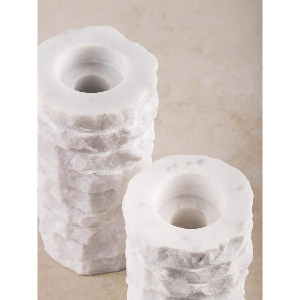 Flores White Marble Chiseled Taper Candle Holders, Set of 2