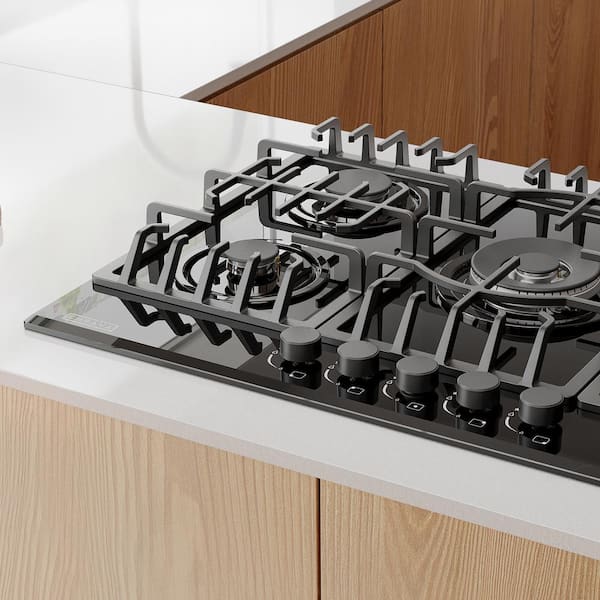 30 in. Gas Stove Cooktop with 5 Sealed Burners in Black Tempered Glass including Power Burner