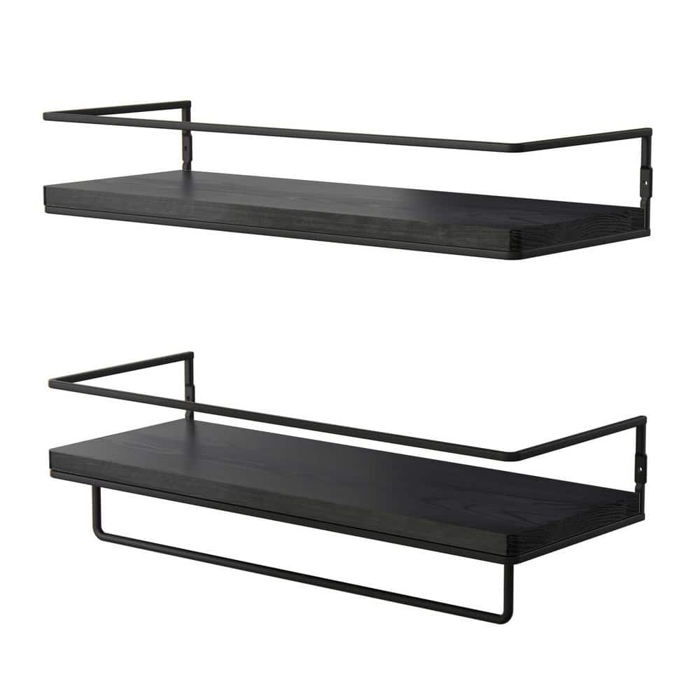 5.71 in. D x 15.7 in. W x 2.28 in. H Black Floating Shelves with Towel Rack