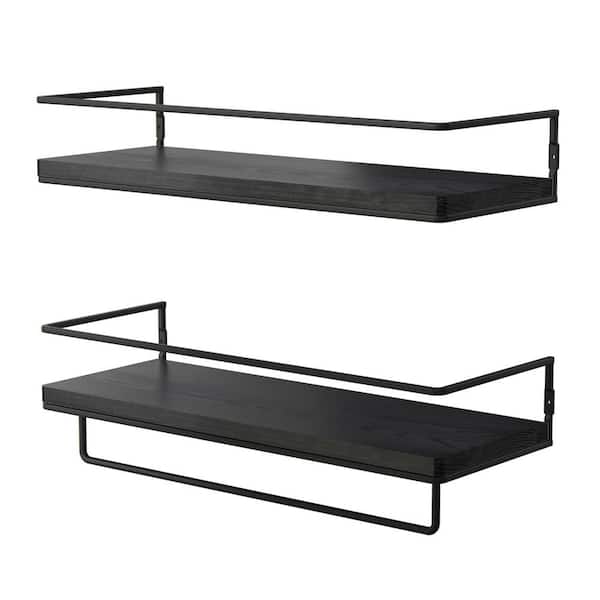 Unbranded 5.71 in. D x 15.7 in. W x 2.28 in. H Black Floating Shelves with Towel Rack (Set of 2)
