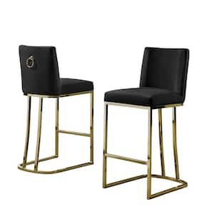 Erin 24 in. H Black Low Back Counter Height Chair With Gold Chrome Base and Back Ring With Velvet Fabric (Set of 2)