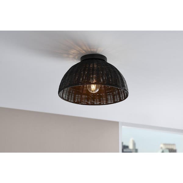 Highler 13 in. Matte Black Flush Mount with Black Rattan Shade