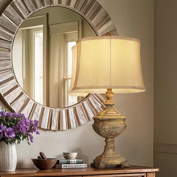 27 in. Large Brown Resin Table Lamp, Vintage Bedside Lamp with Linen Shade, Retro End lamp for Living Room Study