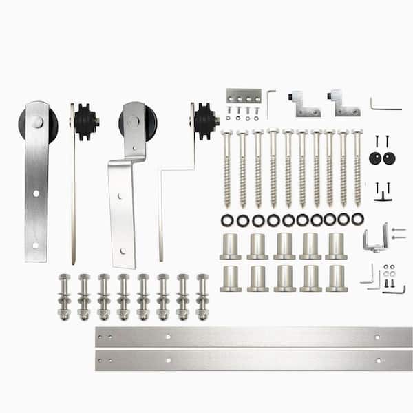 HOMACER 12 ft./144 in. Brushed Nickel Single Track Bypass Sliding Barn Door Hardware Kit Straight Design Roller for Double Doors