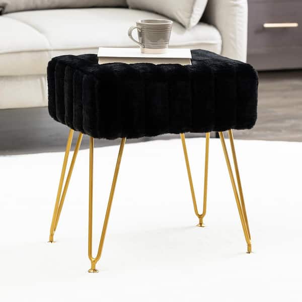 LUE BONA 18.5 in. Black Faux Fur Square Vanity Stool with Gold Base for Makeup Room