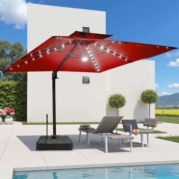 11 ft. x 9 ft. Aluminum Solar LED Cantilever Offset 360° Rotation Tiltable Patio Umbrella in Red With 300 lbs. Base