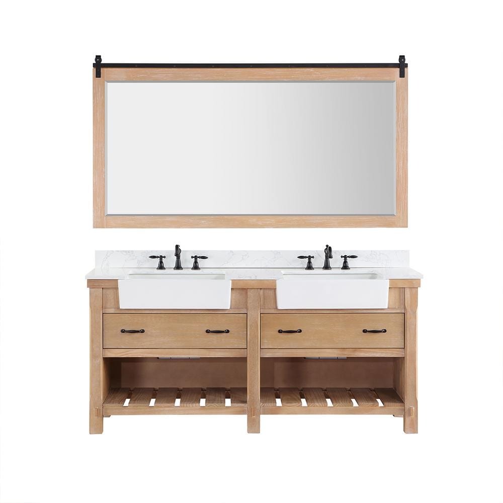 Villareal 72 in.W x 22 in.D x 34 in.H Double Farmhouse Bath Vanity in Weathered Pine with Composite Stone Top and Mirror price history on PriceWatchPro