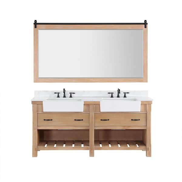 ROSWELL Villareal 72 in.W x 22 in.D x 34 in.H Double Farmhouse Bath Vanity in Weathered Pine with Composite Stone Top and Mirror