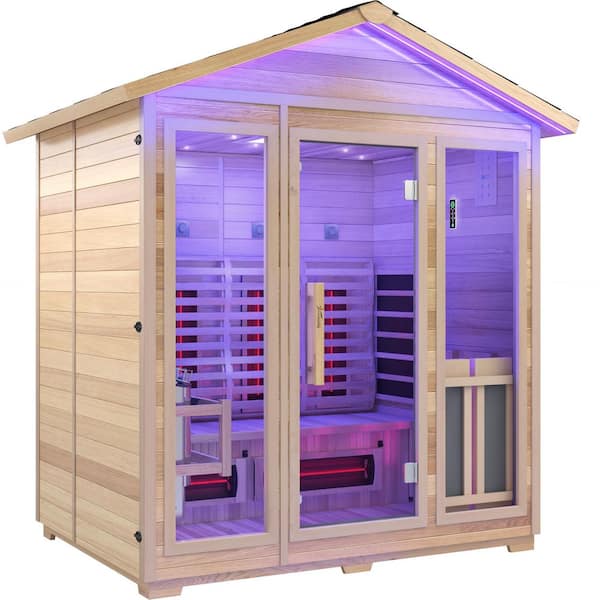 4-Person Outdoor Red Cedar and Hemlock Wet/Dry Sauna with Far Infrared, 6kW TOULE Rock Heater, and Touch Pad Controller