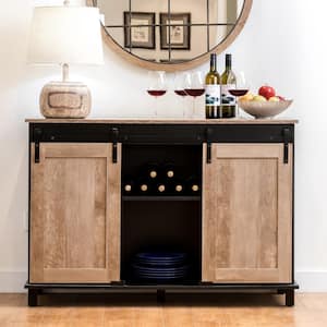 47.25 in. L Modern Industrial Black Wine Cabinet Large Sideboard with Natural Top and Sliding Doors.