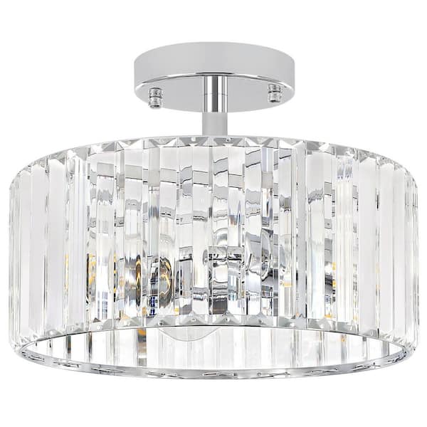 ZSMIHDOH 11.8 in. 3-Light Chrome Modern Drum Semi-Flush Mount Ceiling Light With Crystal Shade